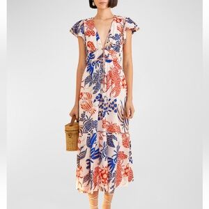 Farm Rio Mixed Lobsters Printed Cotton Midi Dress Large